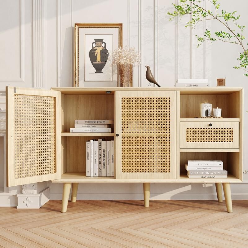 Modern Woven Rattan Sideboard Cabinet Light Wood Nordic Storage Unit