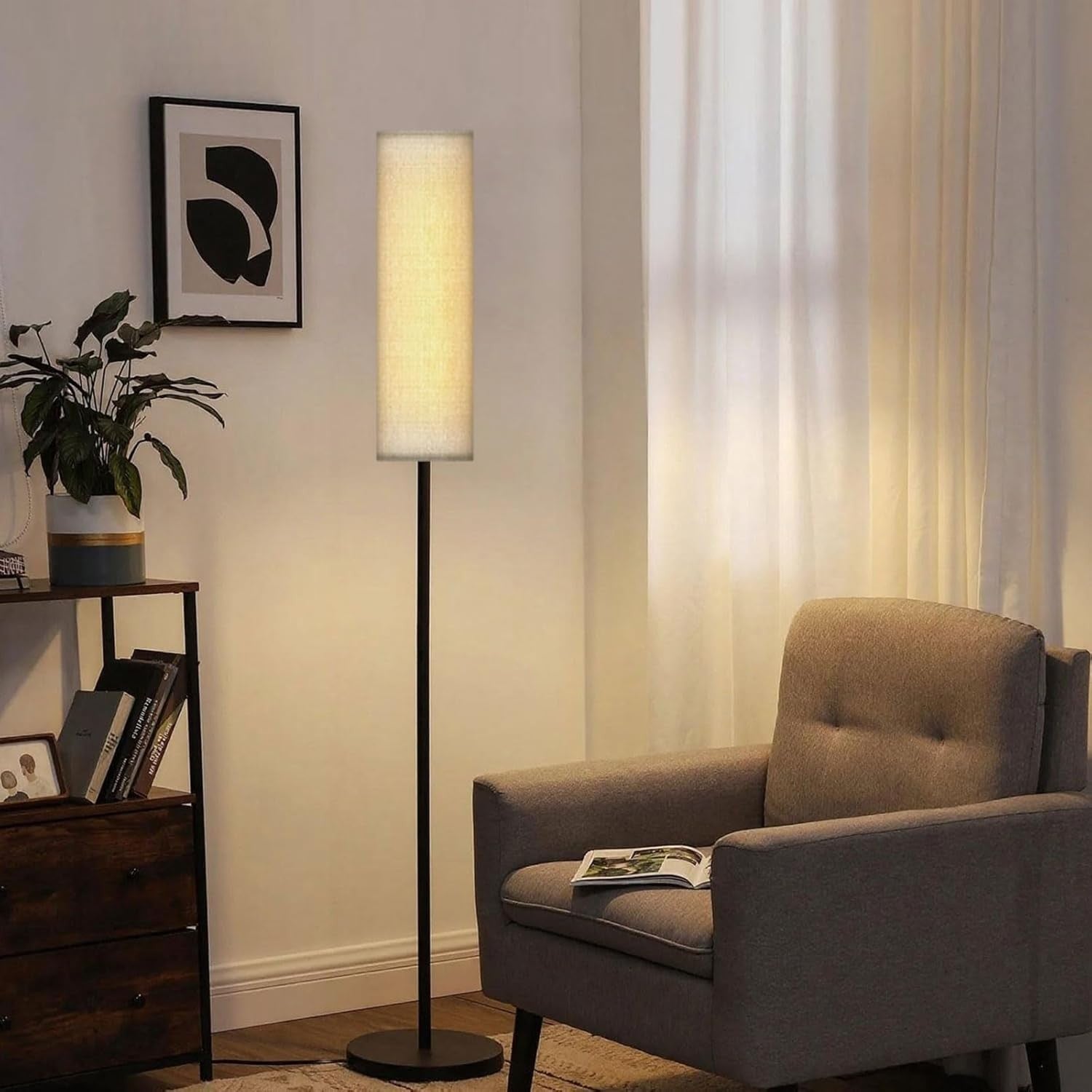 Floor Lamp Tall Dimmable Linen Shade Standing Light Foot Switch Modern
