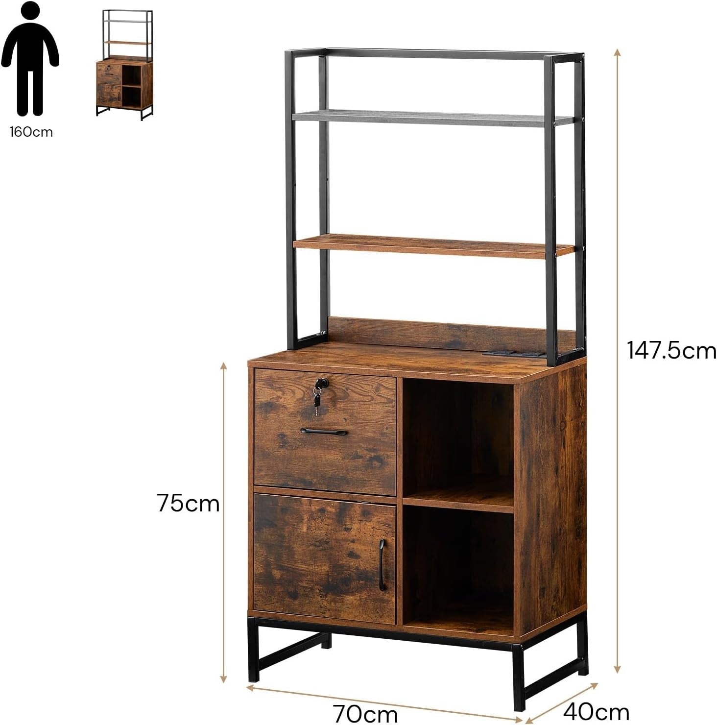 Lockable Filing Cabinet with Charging Station Printer Stand Office Brown