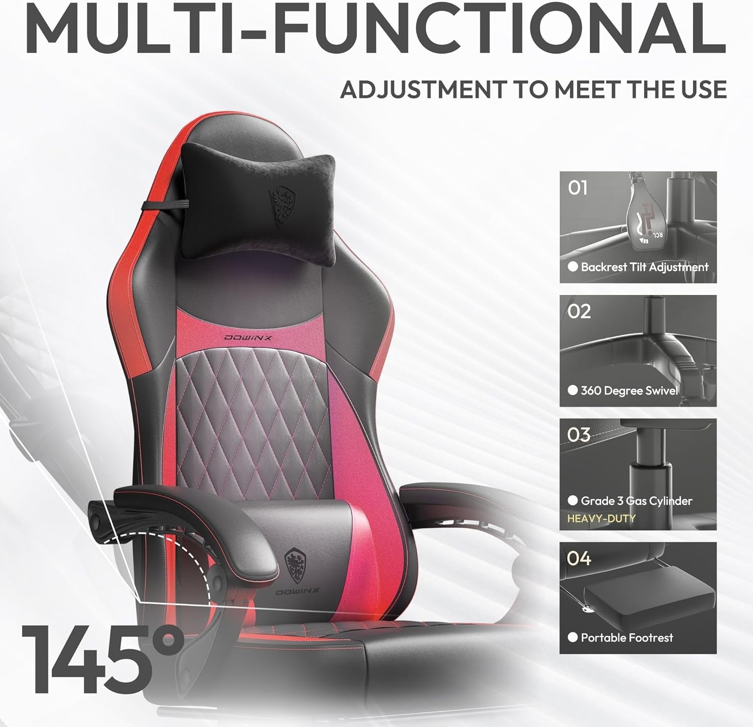 Ergonomic Gaming Chair Recliner w/ Footrest Massage 90°–145°