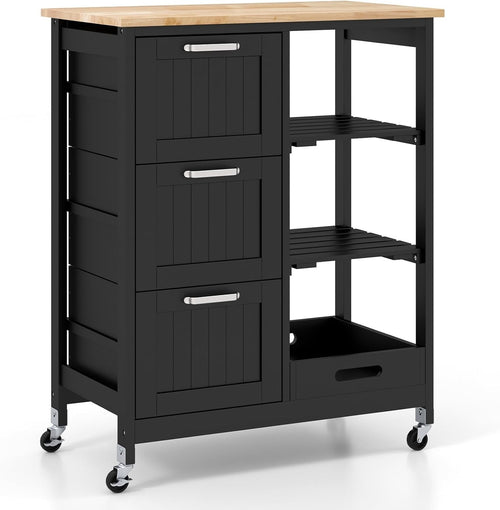 Kitchen Storage Trolley on Wheels with Worktop, 3 Drawers & Shelves – Mobile Uti