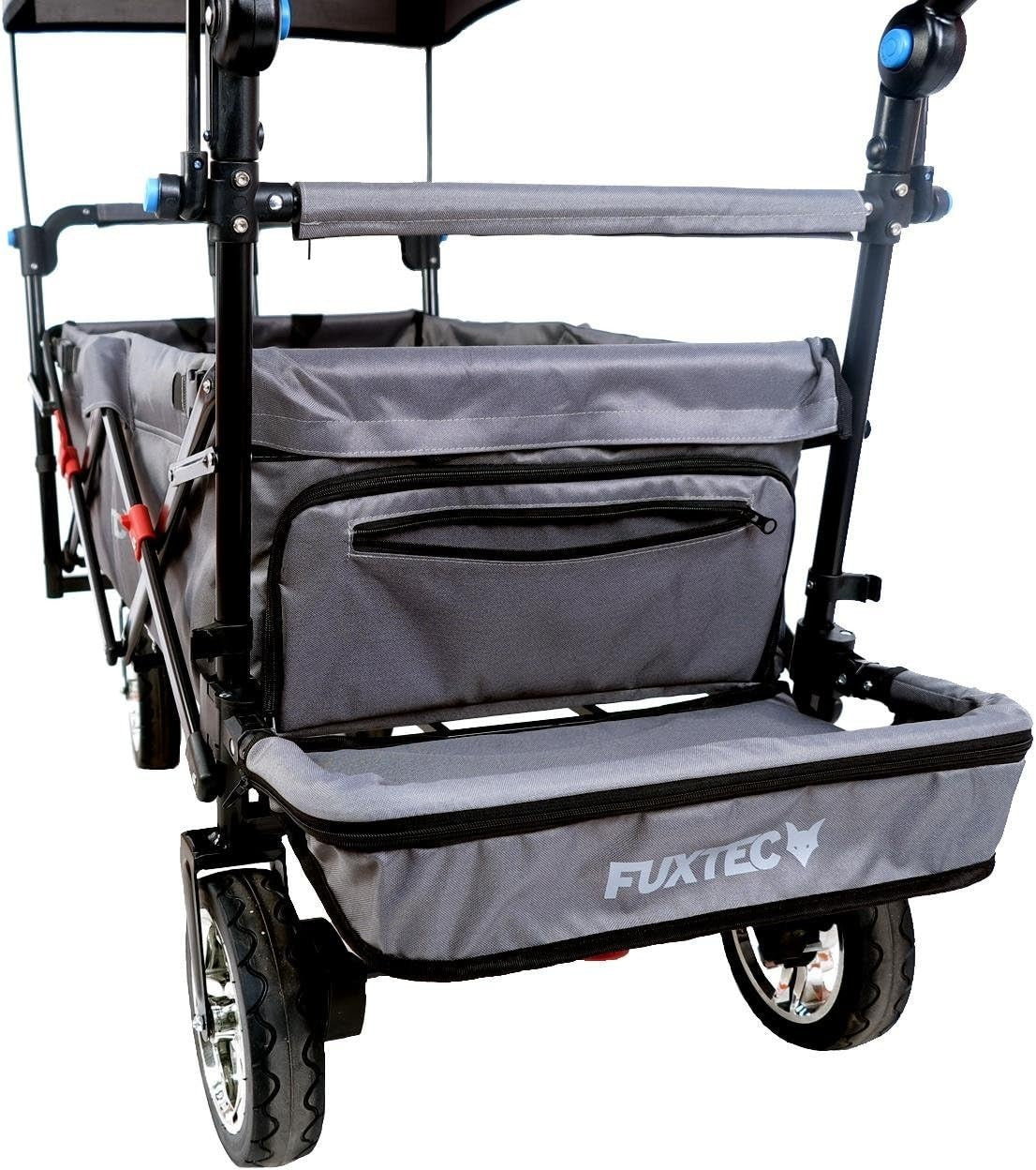 Grey Folding Kids Wagon w/ Roof Push Pull Cart Brakes Solid Wheels & Extension