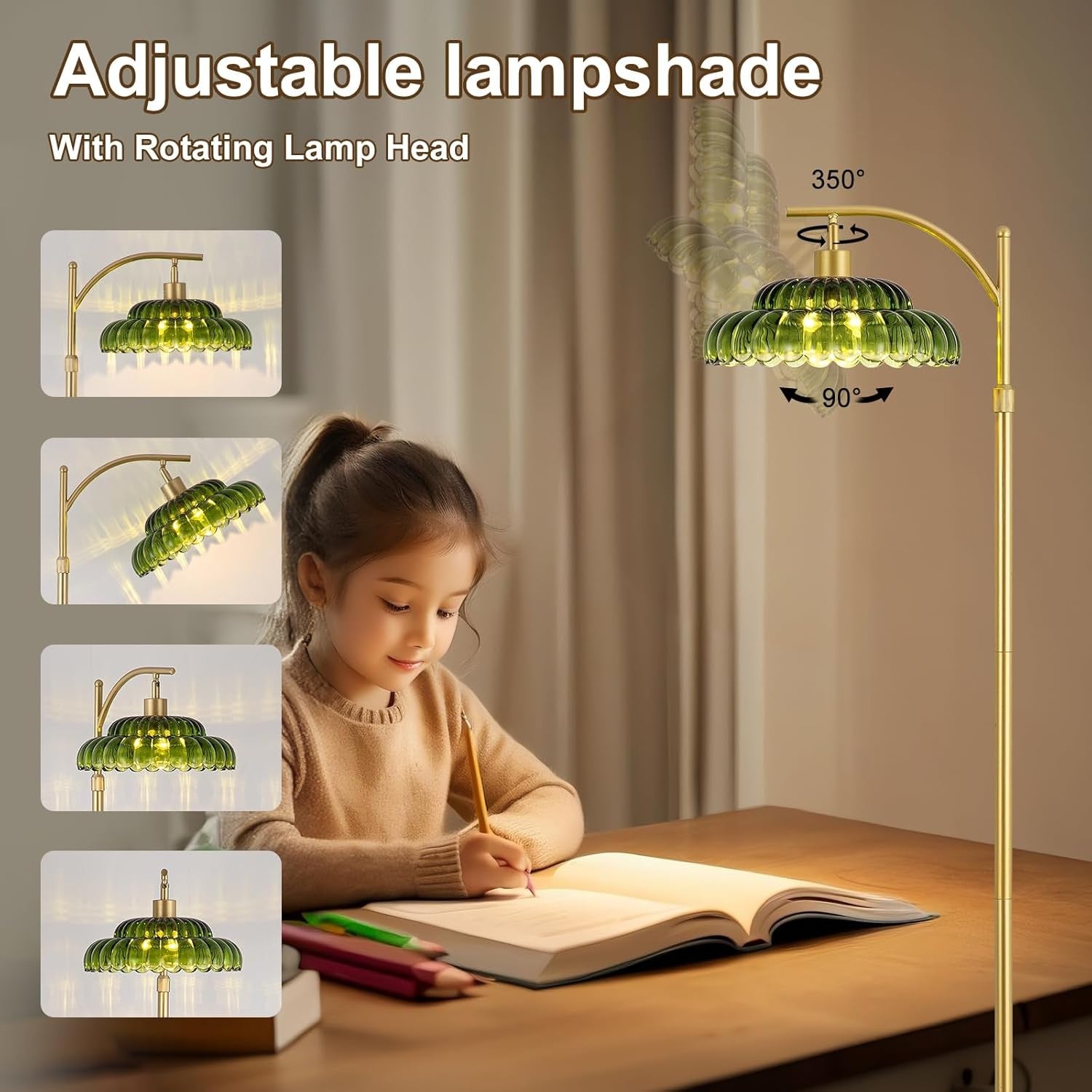 Gold Floor Lamp Dimmable Remote Green Glass Shade LED Tall Standing