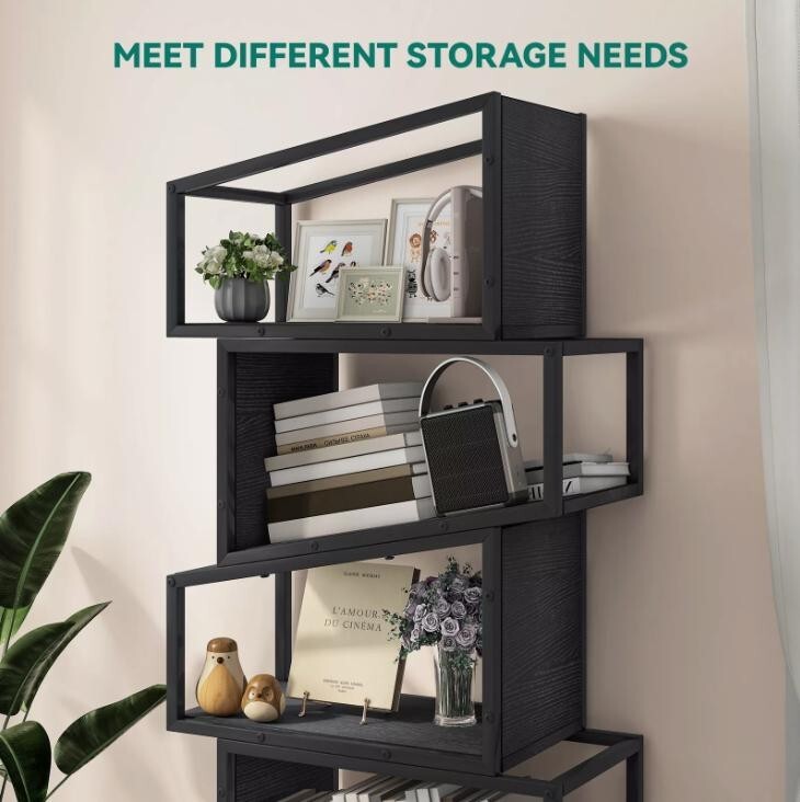 Modern 5 Tier Bookcase Tall Zigzag Bookshelf Display Storage Unit Black