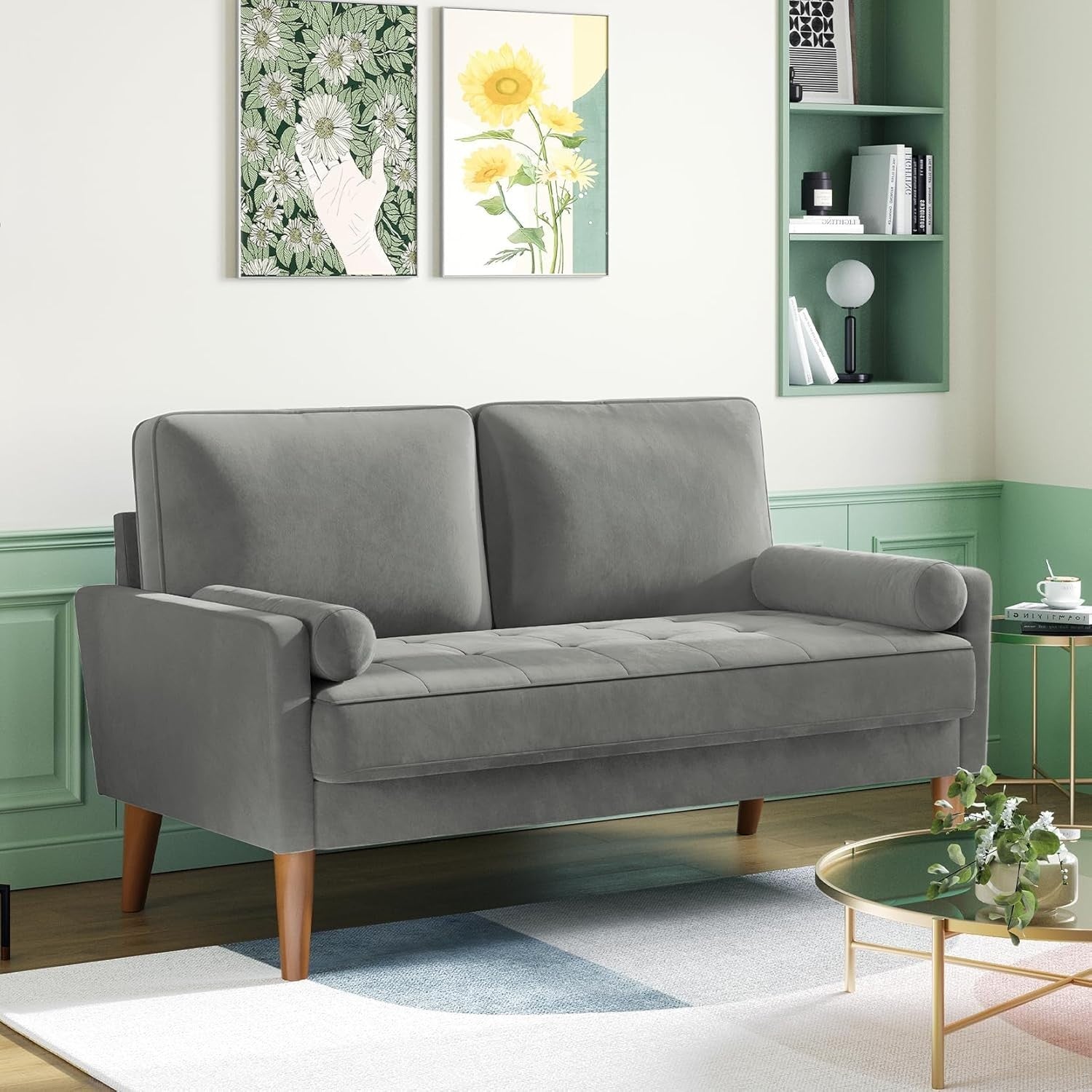 Modern Grey 2 Seater Velvet Sofa Small Couch for Lounge Bedroom Office
