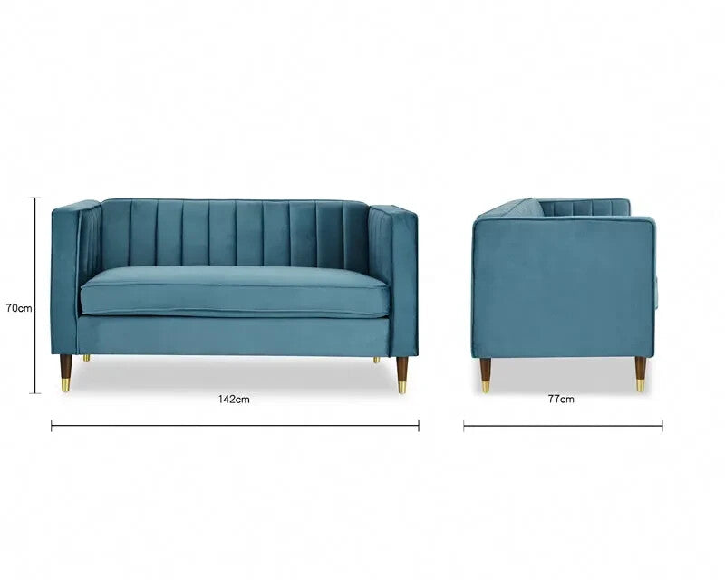 2 Seater Velvet Sofa Blue Ribbed Back Small Lounge Couch UK Certified