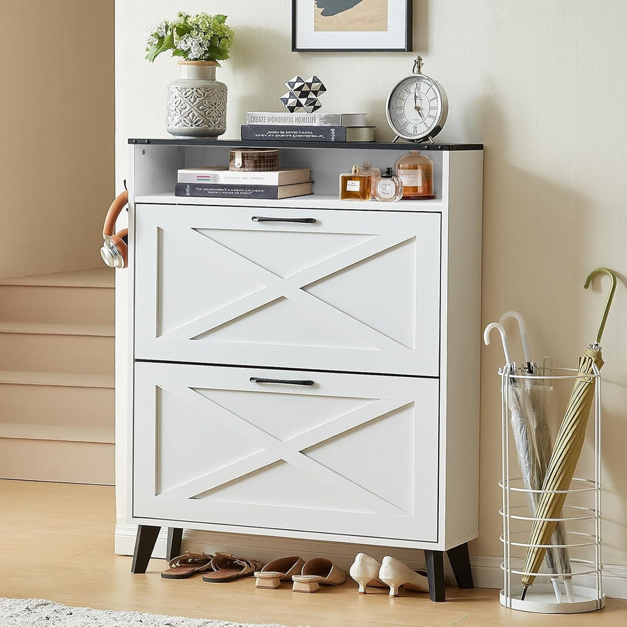 Slim White Two-Flip Door Shoe Cabinet – Space-Saving, Anti-Tip Design