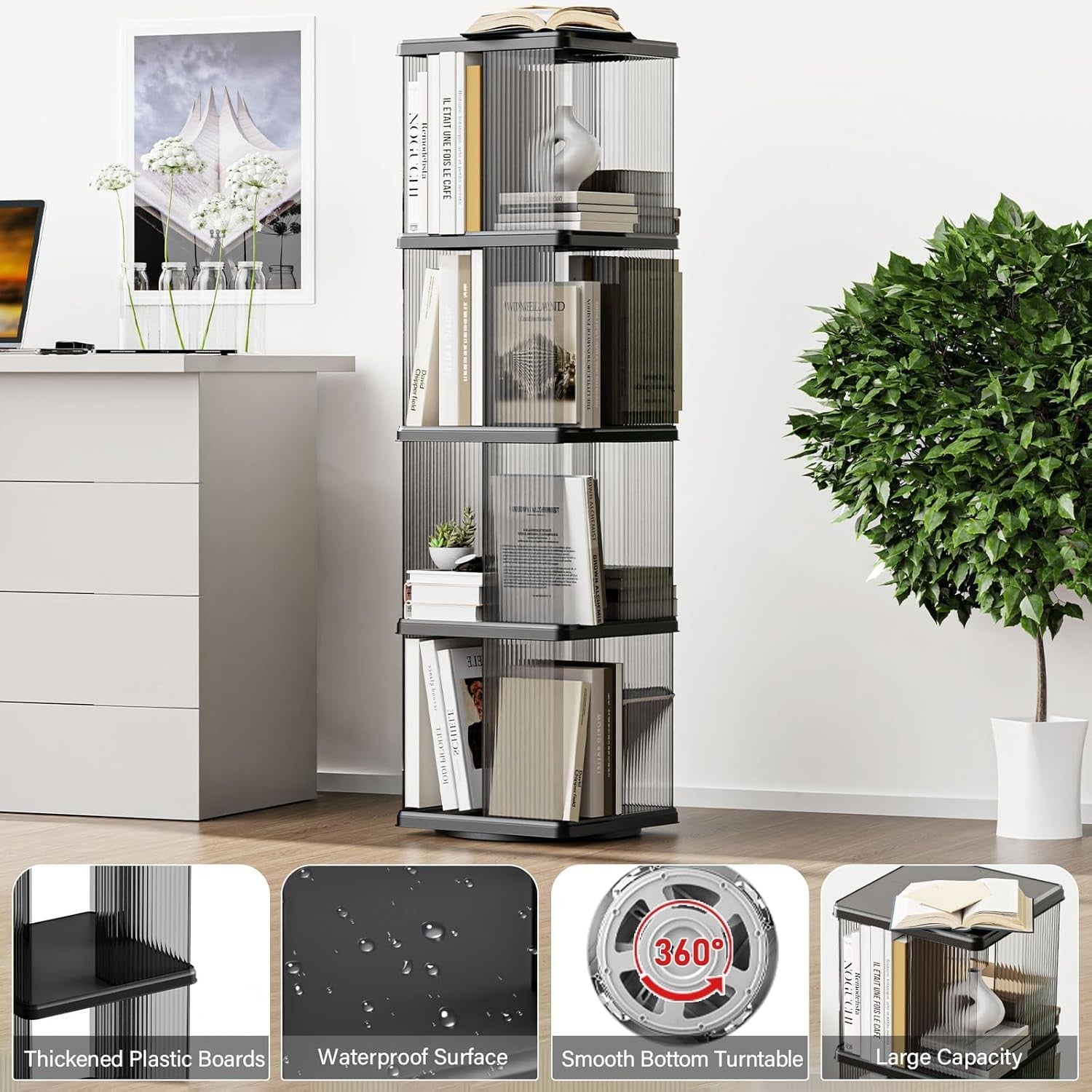 360° Rotating Plastic Bookshelf, 4-Tier Floor Standing Corner Bookcase