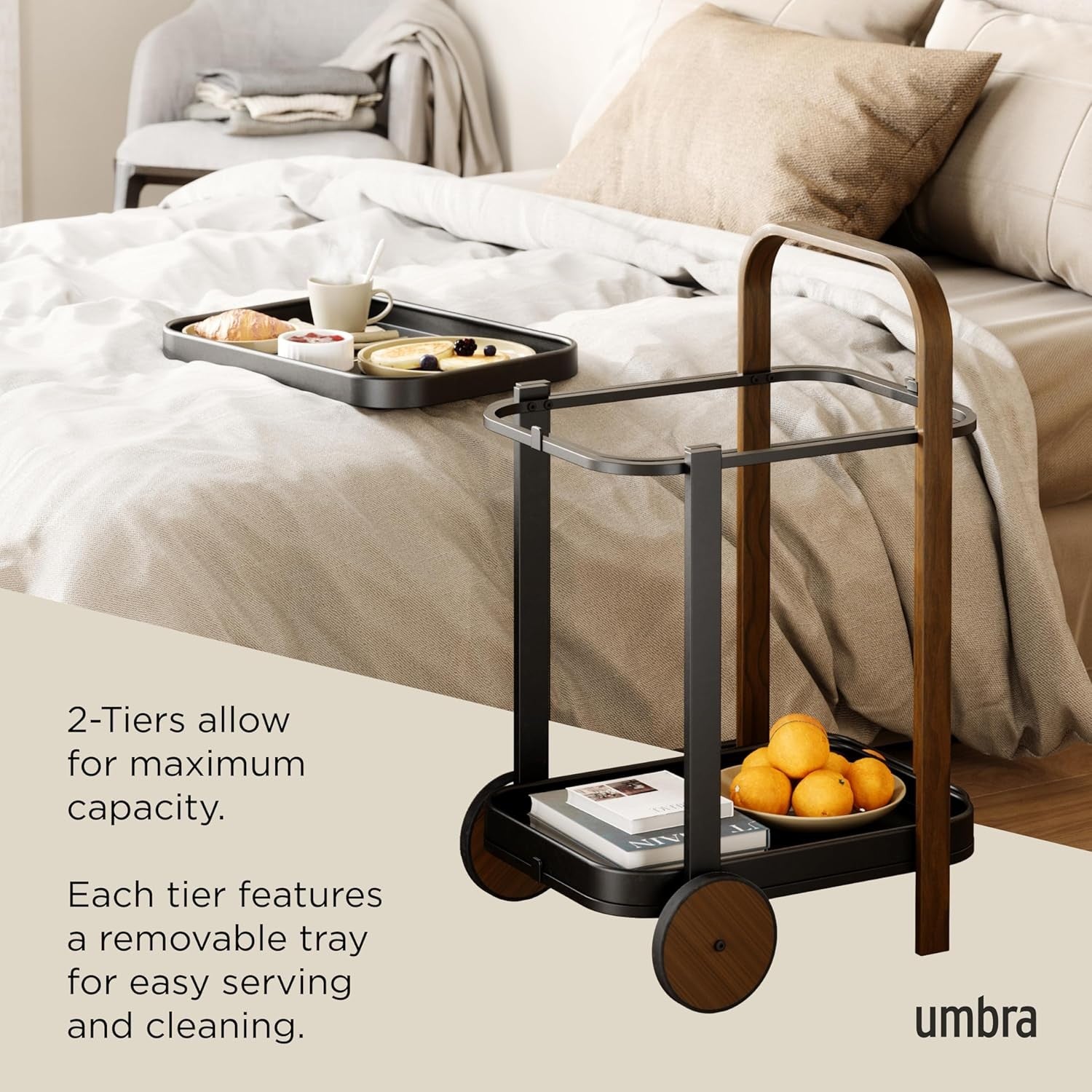 Luxury Bar Cart on Wheels 2 Tier Wooden Serving Trolley with Removable Tray