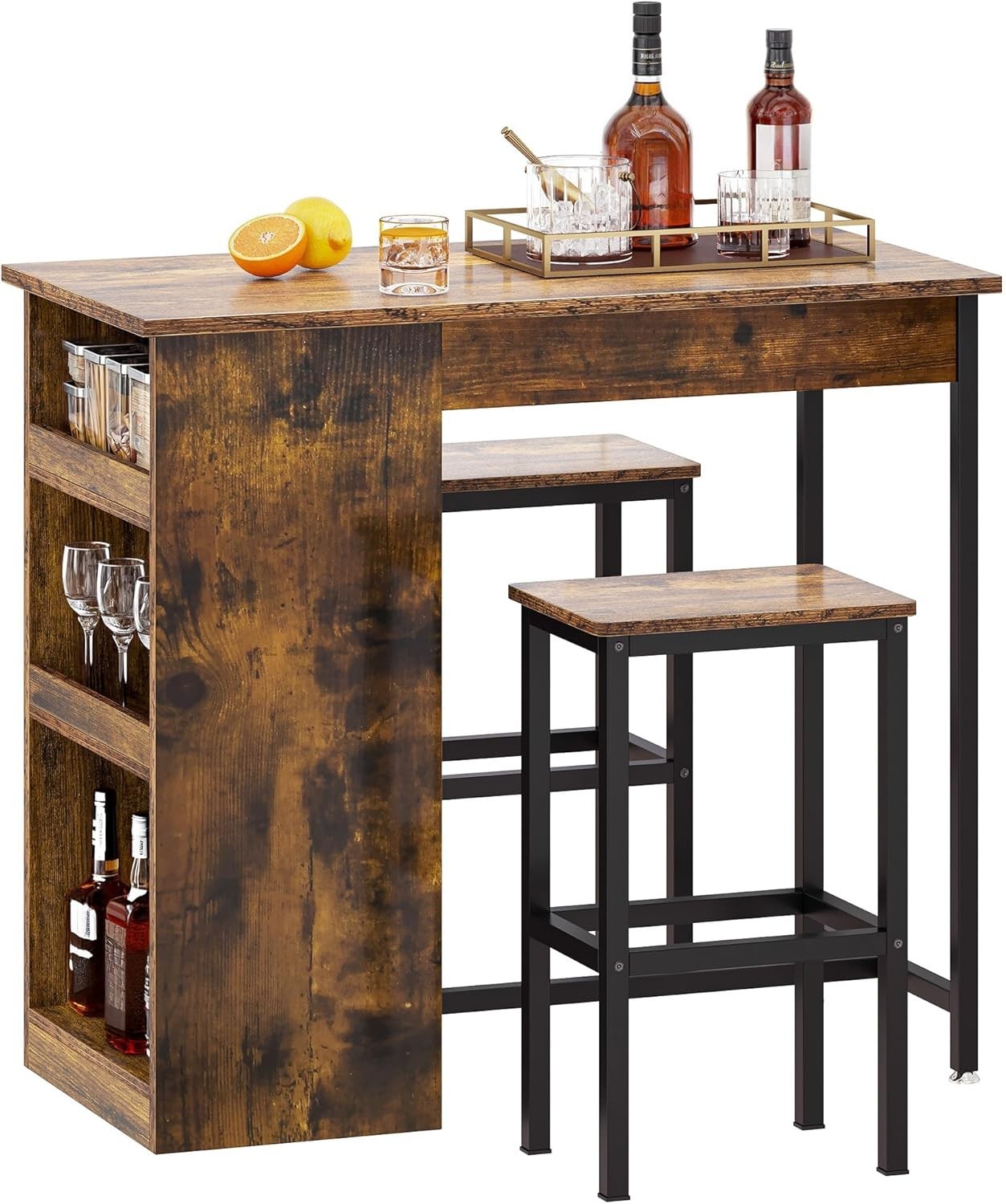 Rustic Brown Bar Table Set with Storage Shelves & 2 Stools Space Saving Home
