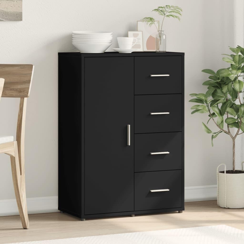 Modern Black Engineered Wood Sideboard Cabinet with Shelves & Storage