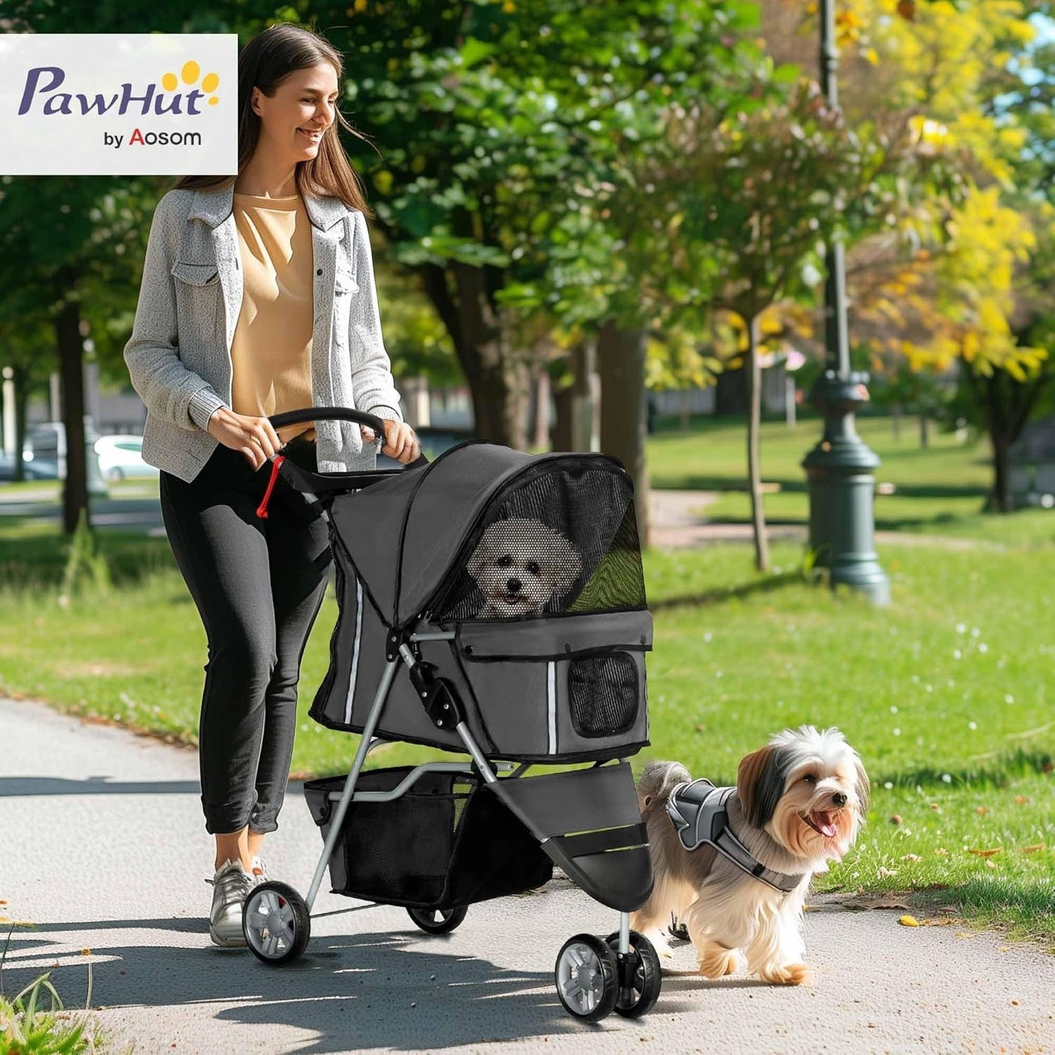 Dog Stroller 3-Wheel Foldable Pet Pram Small Dogs Cats Charcoal Grey