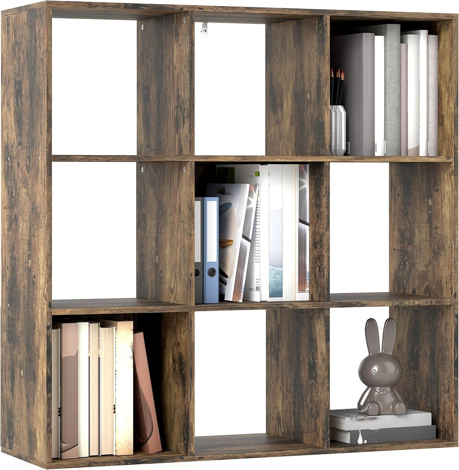 3 Tier Rustic Brown Cube Bookcase Room Shelf 9 Open Storage Compartments Display
