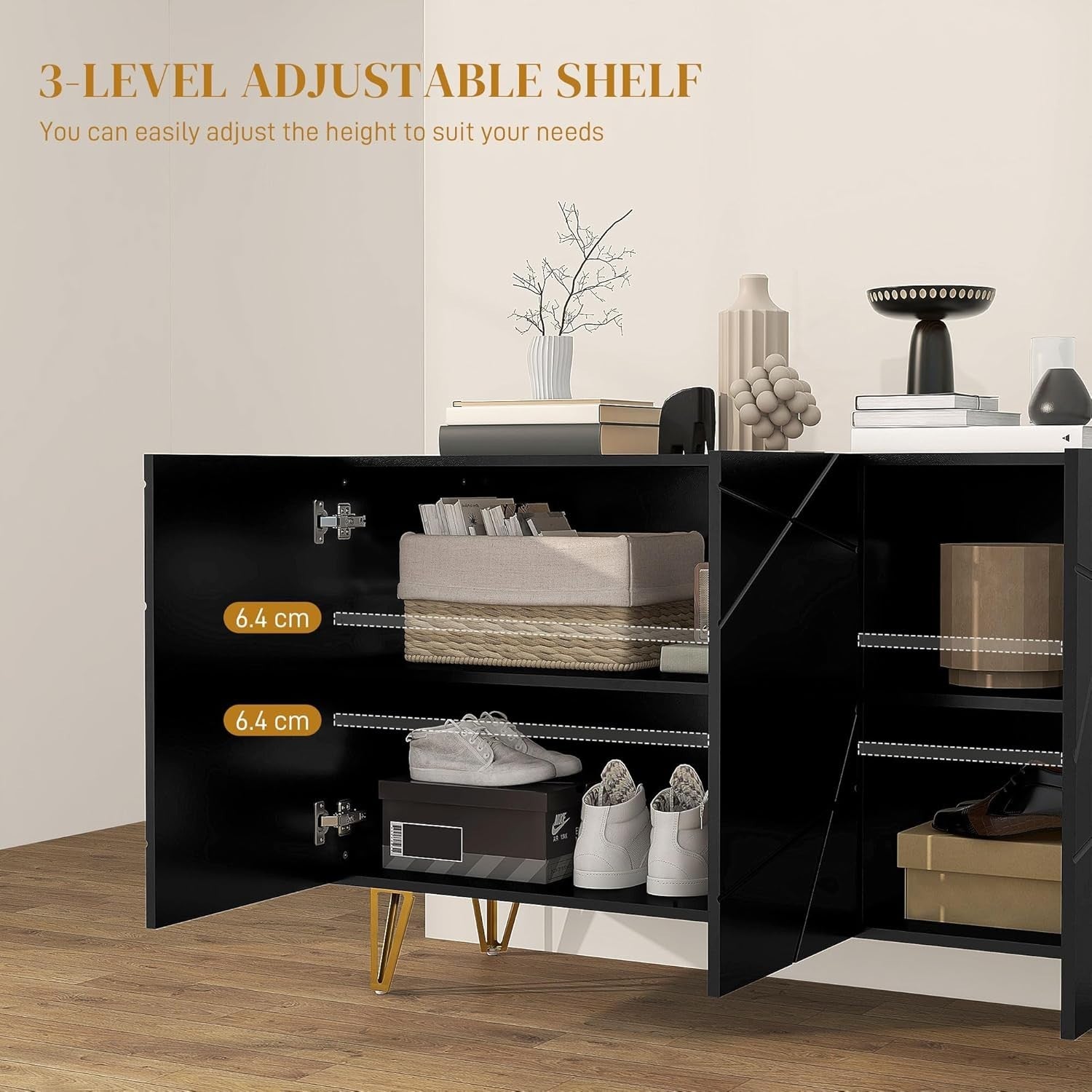 High Gloss Storage Cabinet with Adjustable Shelves Soft-Close Doors Black