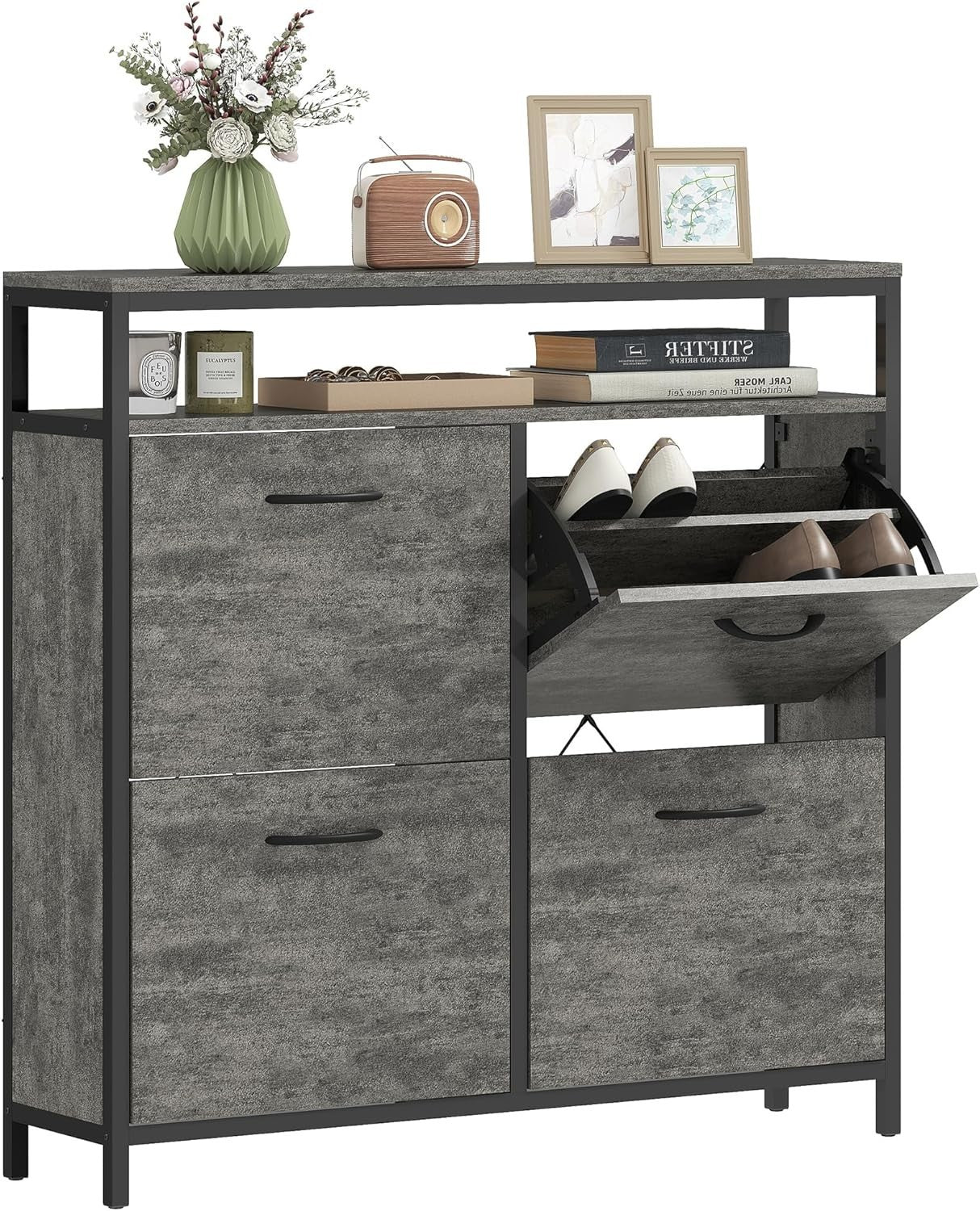 Slim Industrial Shoe Cabinet 4 Flip Drawers Hallway Storage 98x24x95cm