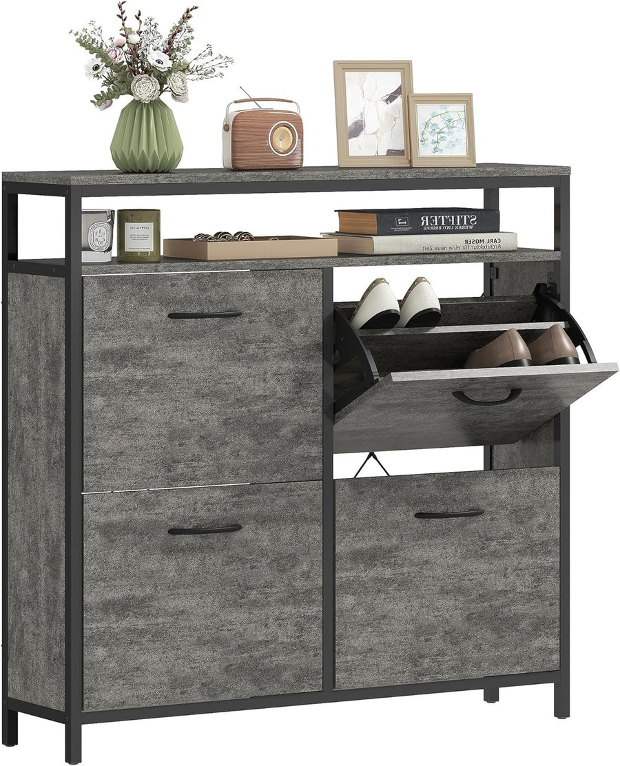 Slim Industrial Shoe Cabinet 4 Flip Drawers Hallway Storage 98x24x95cm