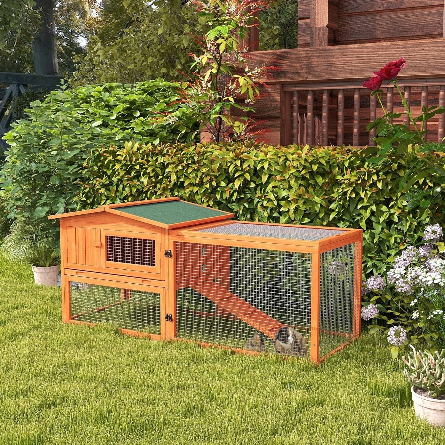 Wooden Rabbit Hutch with Run 156x58x68cm Outdoor Cage