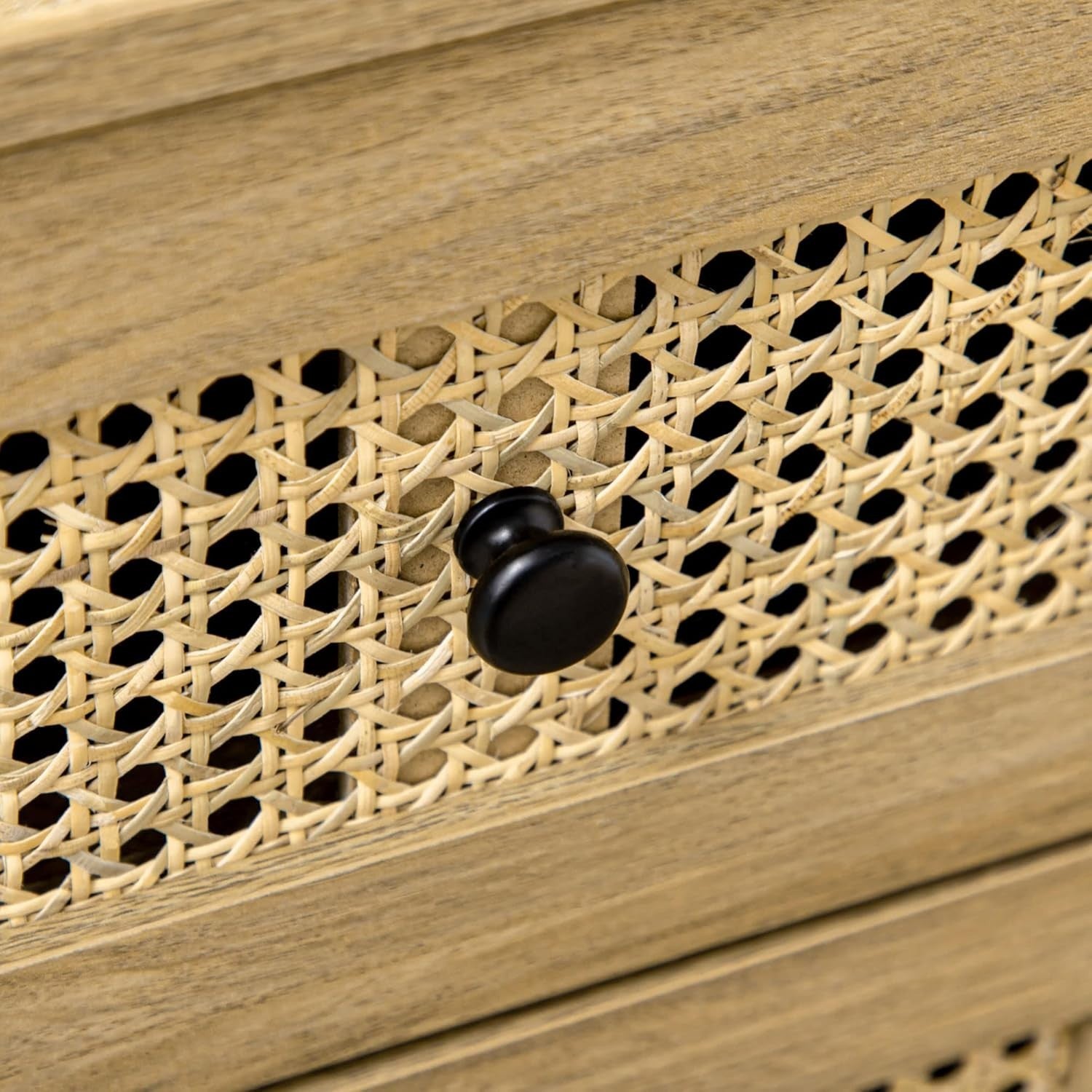 Rustic 4-Drawer Storage Chest with Rattan Panels Bedroom Organizer Unit
