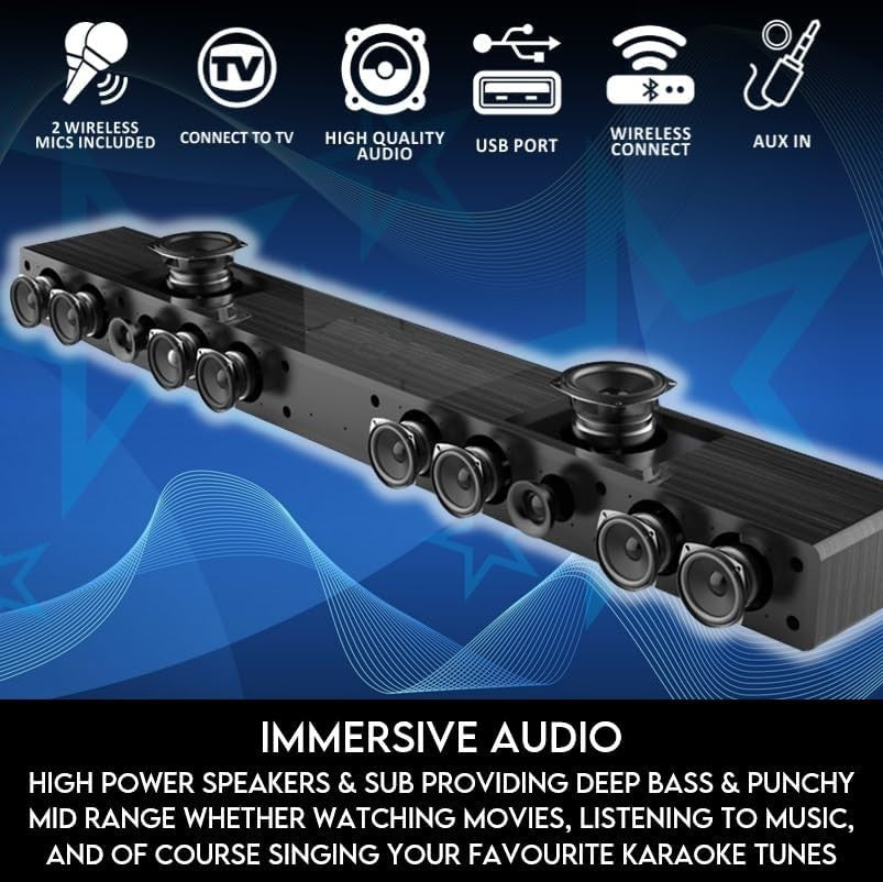Karaoke Soundbar with 2 Wireless Mics All-in-One Party Speaker