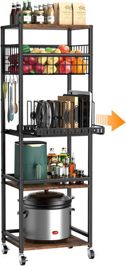 5 Tier Kitchen Rolling Cart Storage Rack with Fruit Basket & Wooden