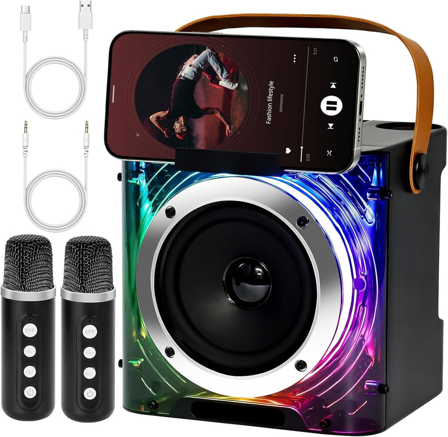Portable Bluetooth Karaoke Machine with 2 Wireless Mics LED Lights