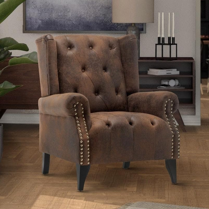 Brown Faux Leather Wingback Armchair Chesterfield Fireside Chair