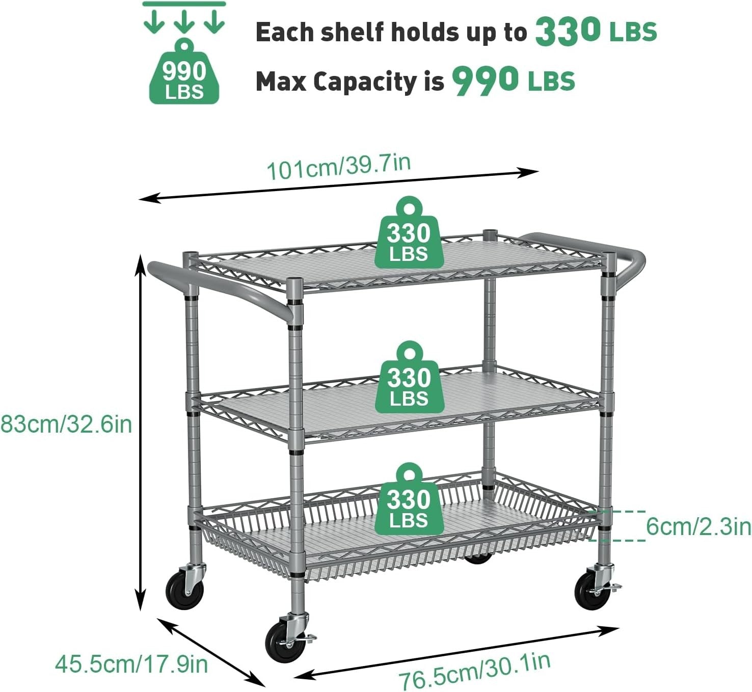 Heavy Duty Utility Cart 3 Tier Rolling Metal Storage Trolley on Wheels