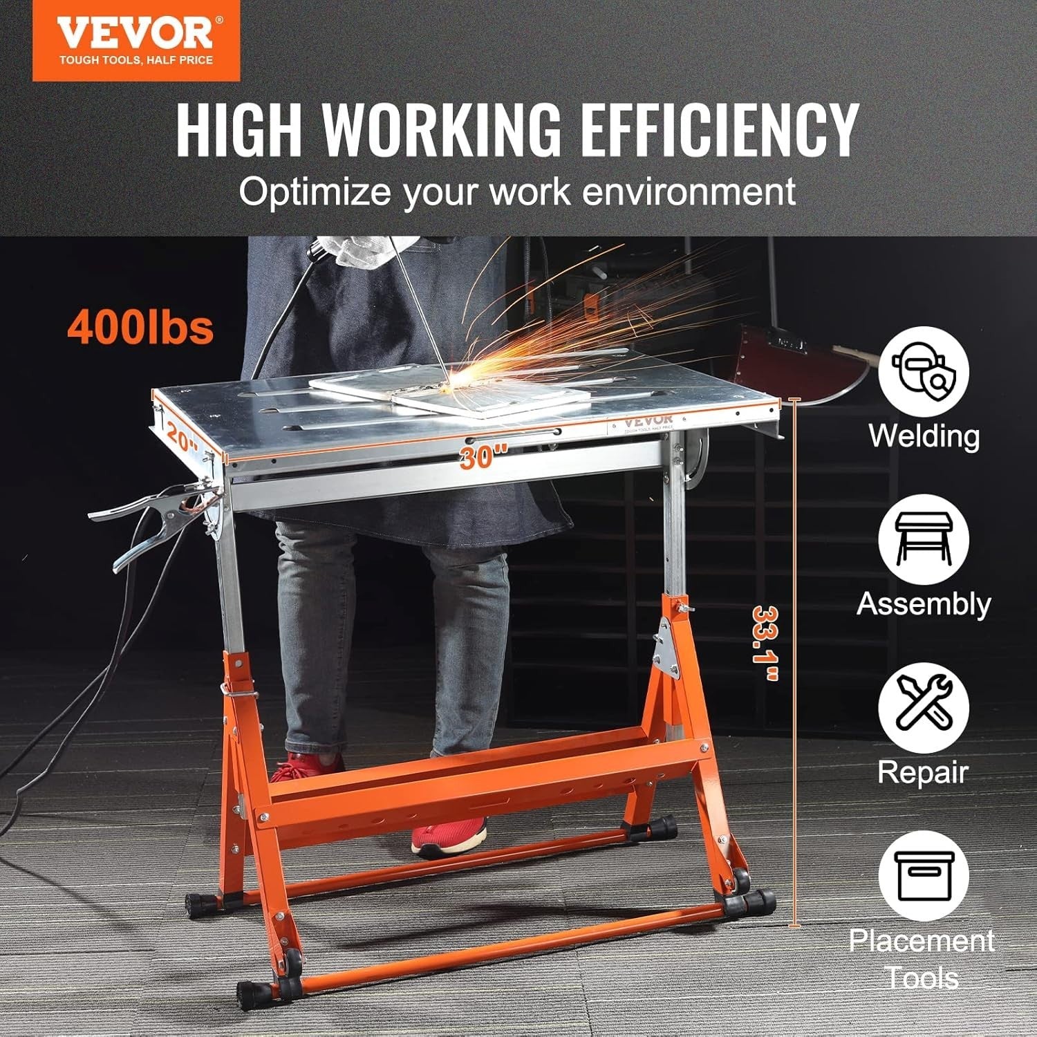 Welding Table 30"x20" 400lbs Foldable Tilt Adjustable Height Mobile Workbench