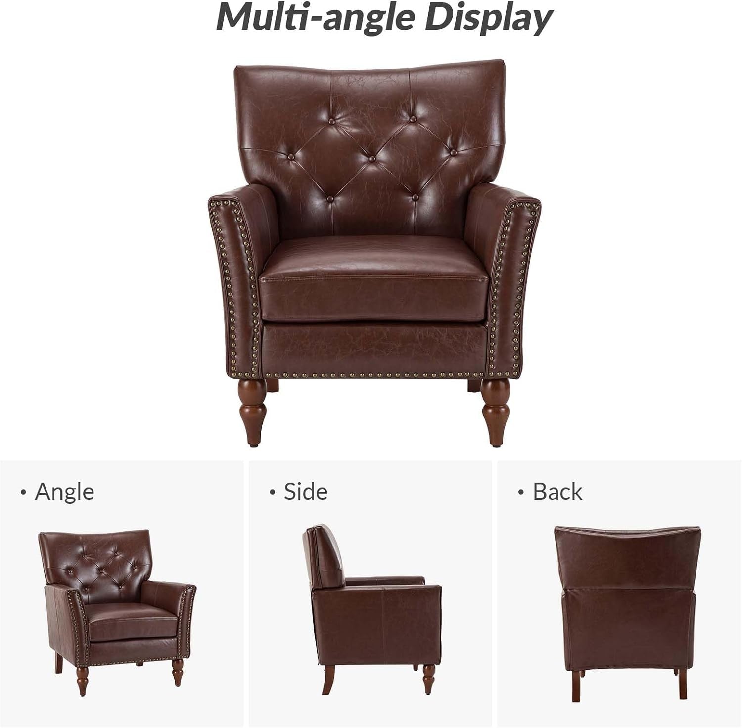 Faux Leather Armchair Brown Tufted Chair Vintage Nailhead for Lounge Reading