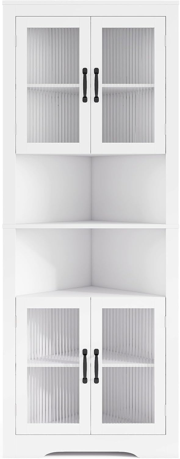 171cm White Corner Cabinet with 4 Glass Doors & Adjustable Shelves
