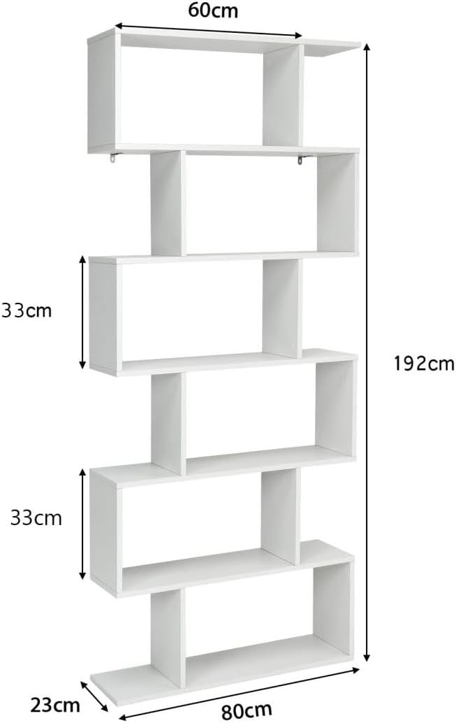 S-Shaped 6-Tier White Bookcase Modern Freestanding Storage Shelf Unit