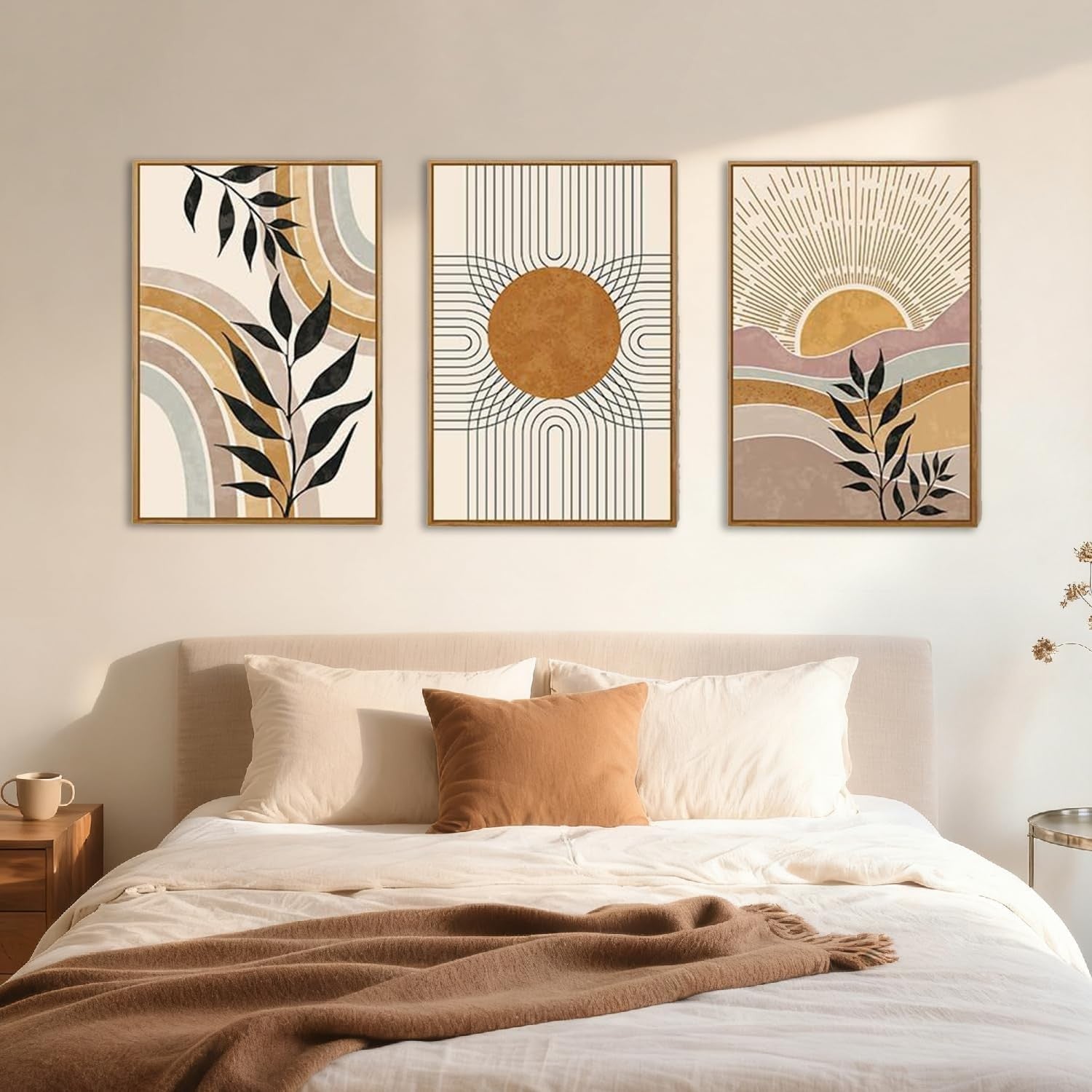 Boho Framed Canvas Wall Art Set of 3 Mid Century Modern Prints Home Decor