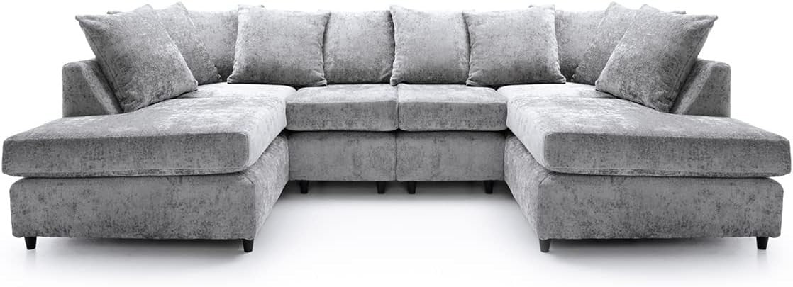 U-Shaped Sofa Light Grey Chenille w/ Cushions + Footstool | 280x164x90cm Modern
