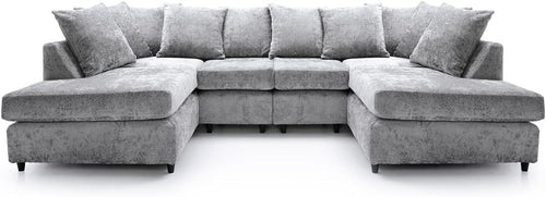 U-Shaped Sofa Light Grey Chenille w/ Cushions + Footstool | 280x164x90cm Modern