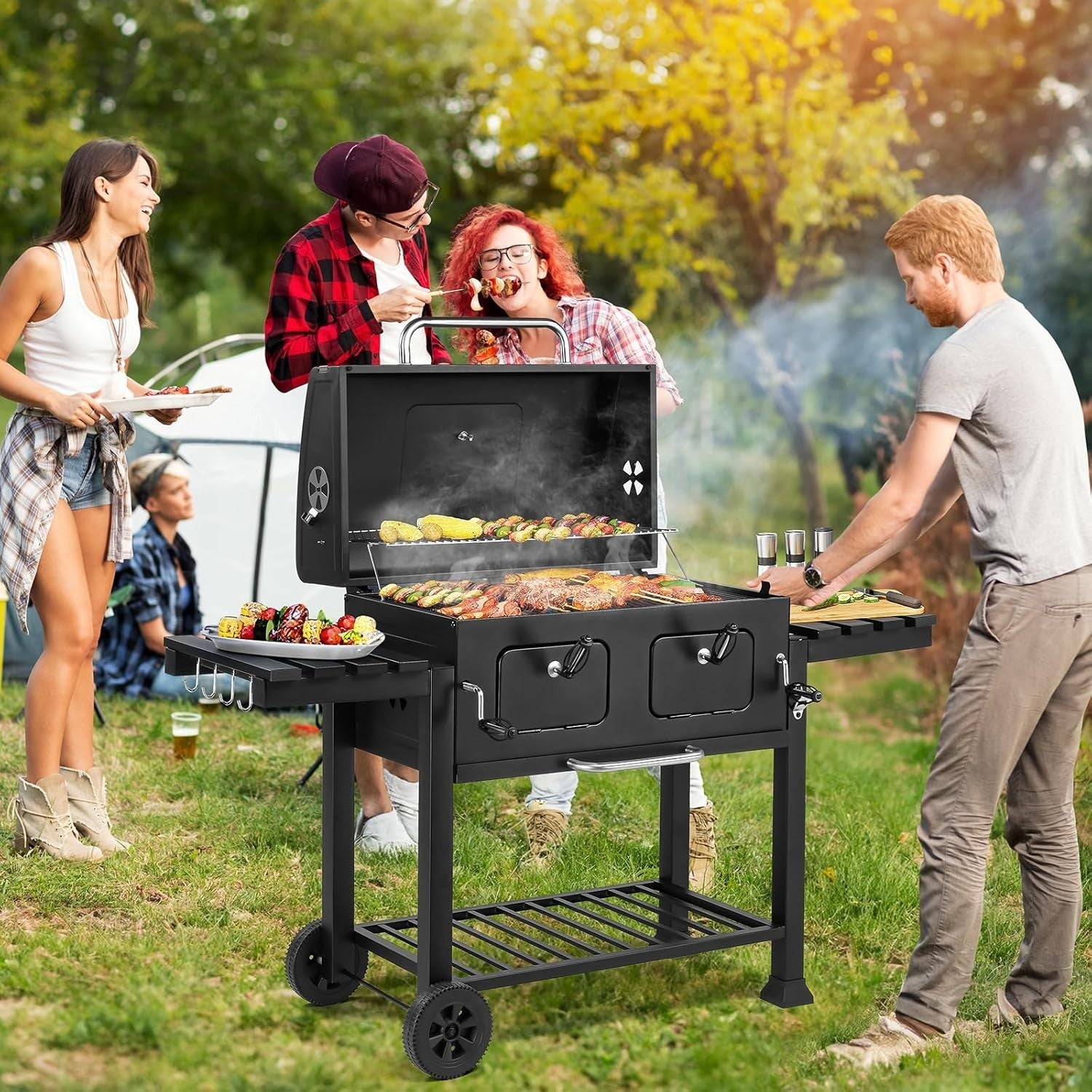 Large Dual-Zone Charcoal BBQ Grill with Adjustable Trays & Temp Gauge for Garden