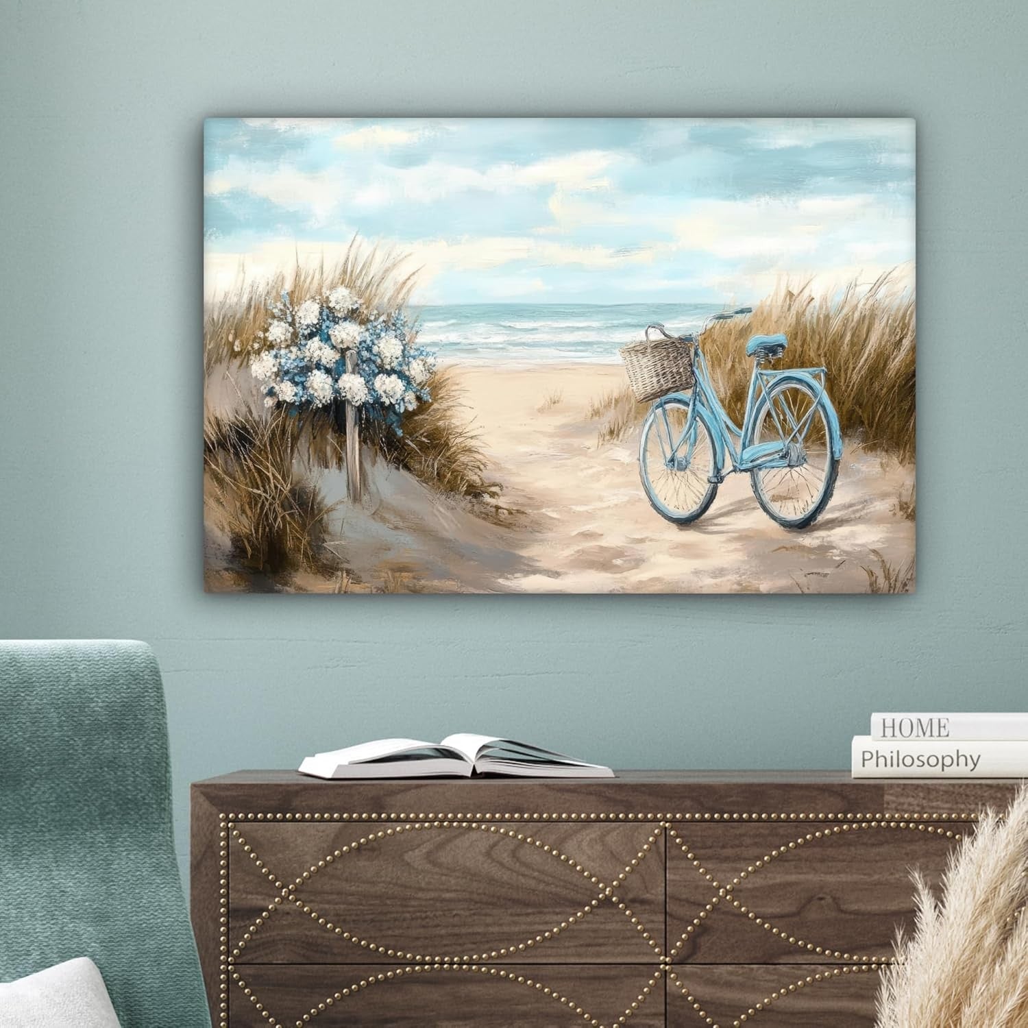 Beach Canvas Wall Art 60x40cm Framed Sea Bike Vintage