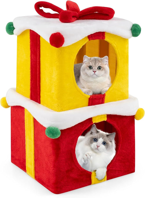 Double Cat House Condo Red Yellow White Stackable Plush Indoor Cat Hideaway