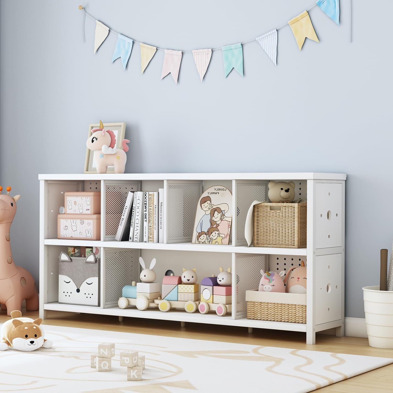 White Oak 8 Cube Wooden Bookcase Storage Cabinet Industrial Style 160x34x76cm