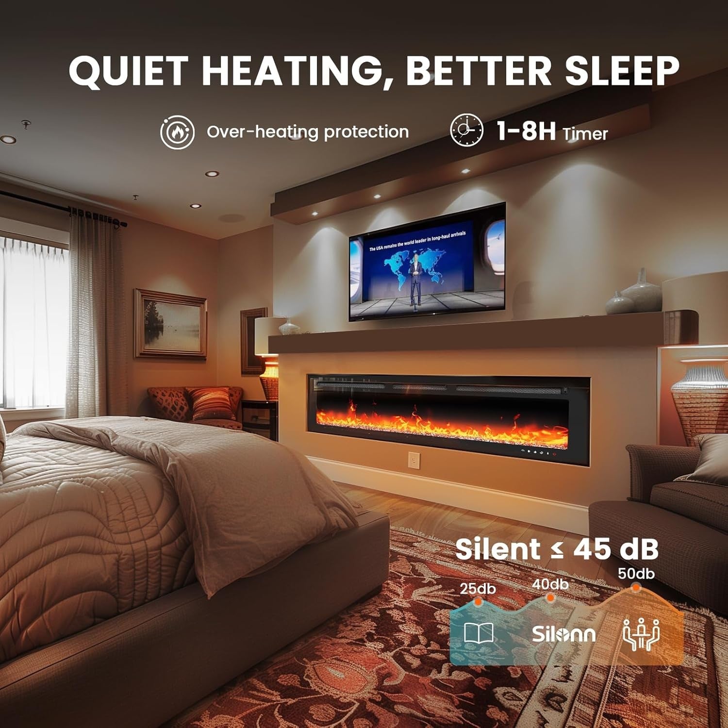 50" Wall Mounted Electric Fireplace Heater LED Remote App Control Slim