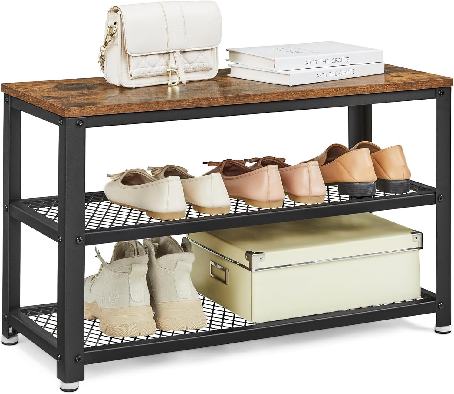 Industrial 2-Shelf Shoe Bench with Metal Frame | Entryway Storage Rack