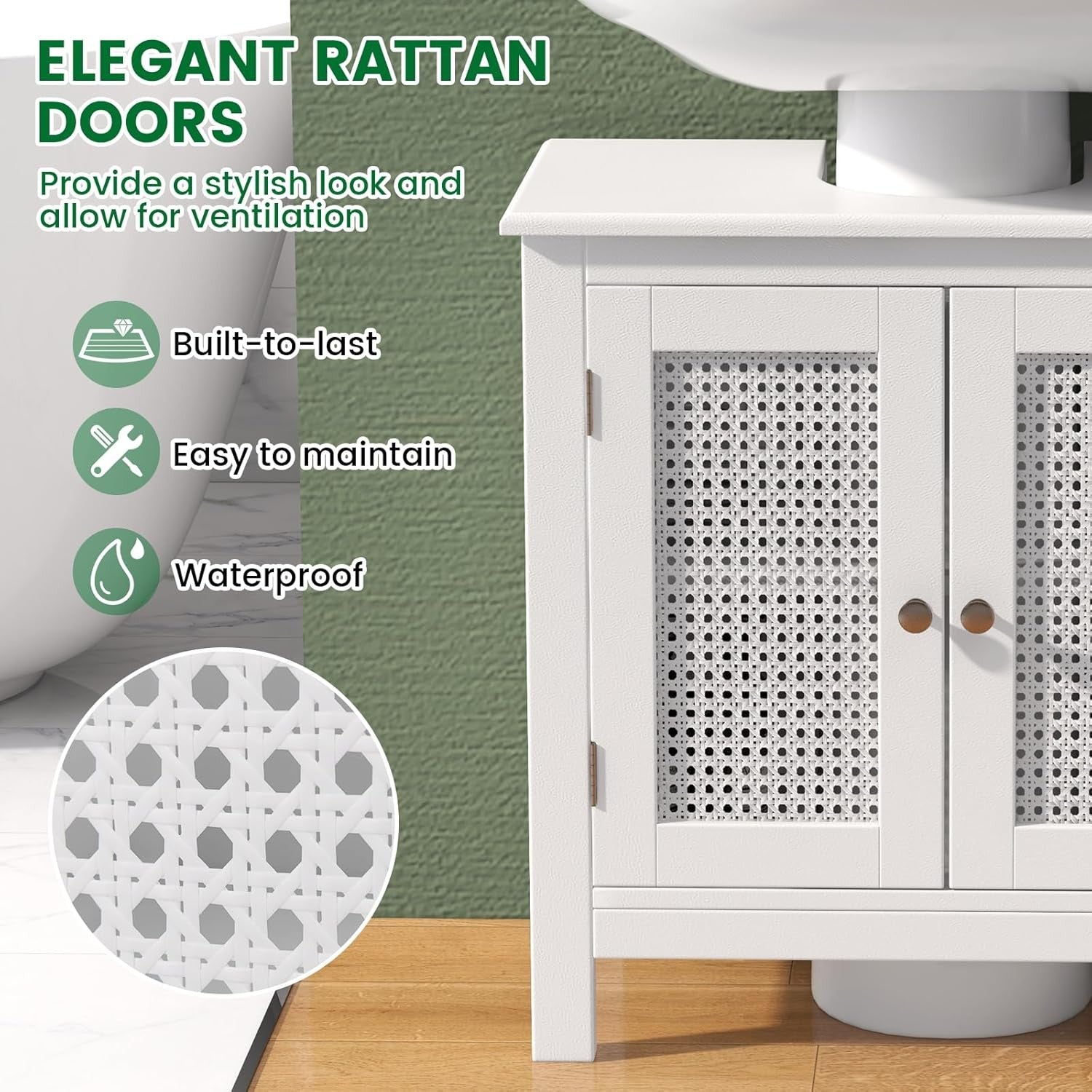 White Under Sink Bathroom Cabinet with Rattan Doors Storage Unit 60x30x60cm