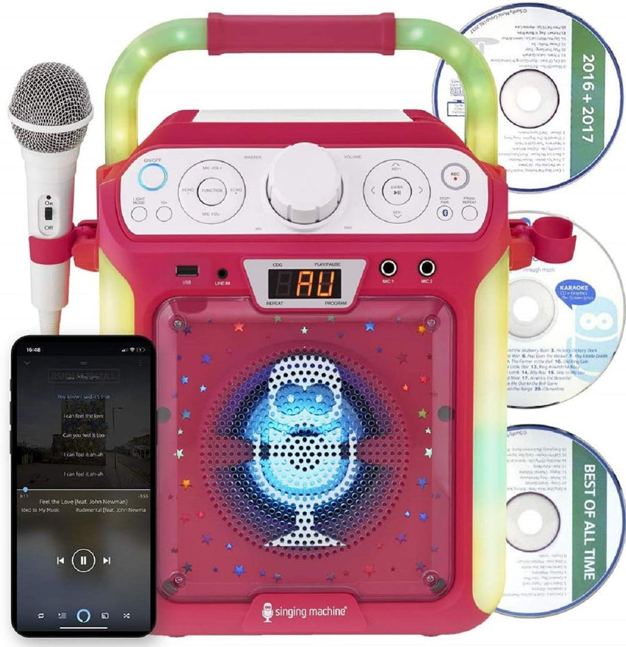 Bluetooth CD Karaoke Machine LED Lights Mic Party Speaker Pink