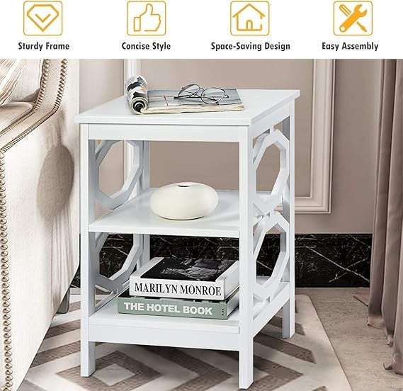 White 3-Tier Bedside Tables Set, Modern Side Table with Storage Shelves, Wooden