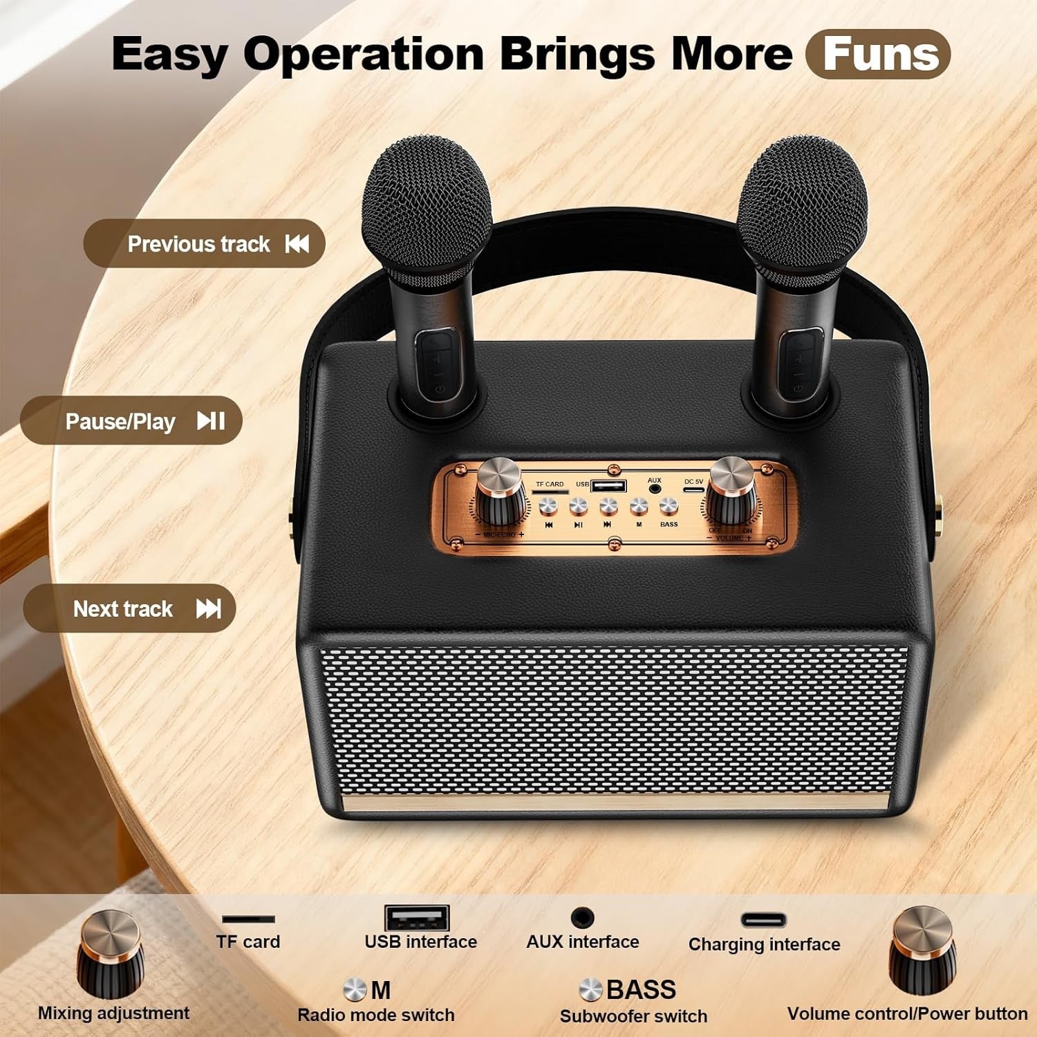 Portable 30W Bluetooth Karaoke Machine 2 Wireless Mics TF USB