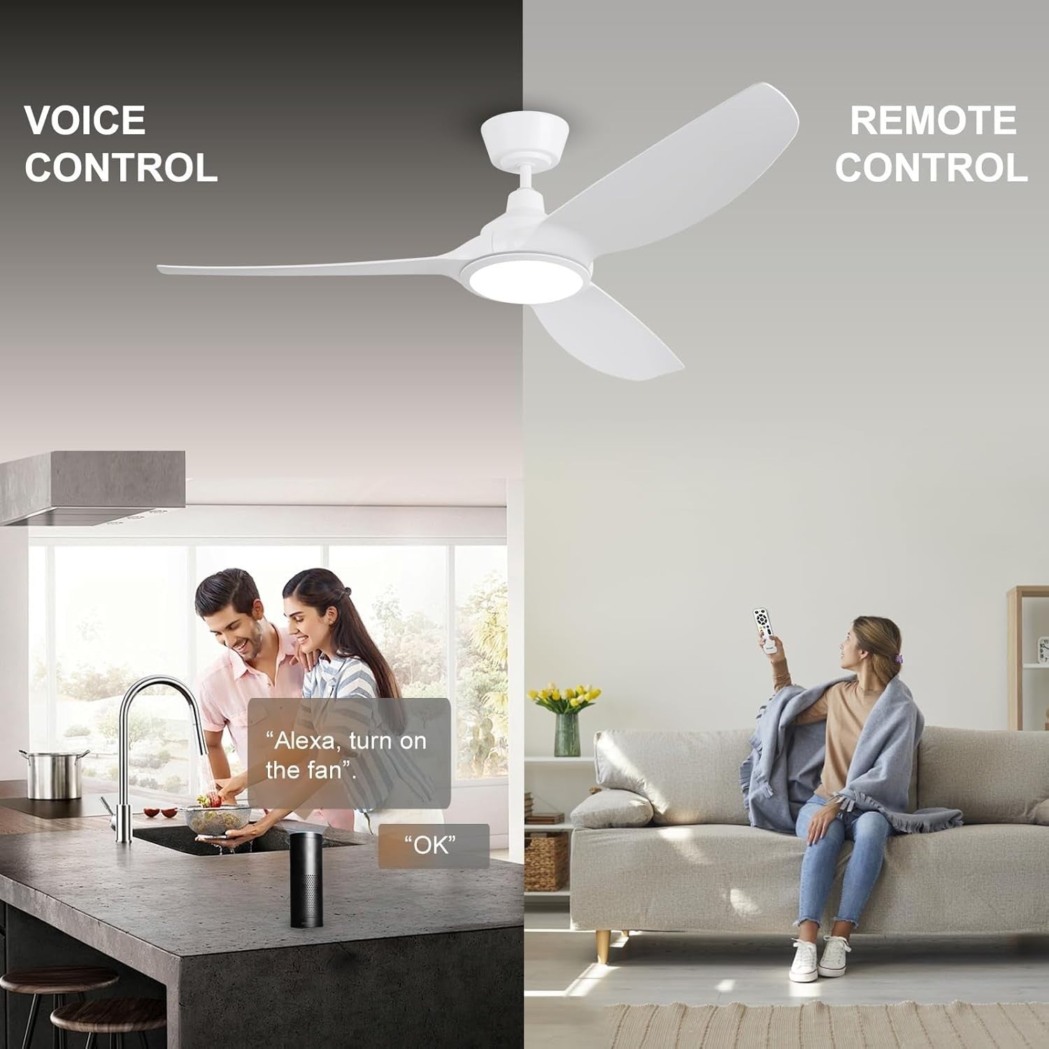 Ovlaim 132CM Smart White Ceiling Fan with LED Light, Remote, 6-Speed, DC Motor