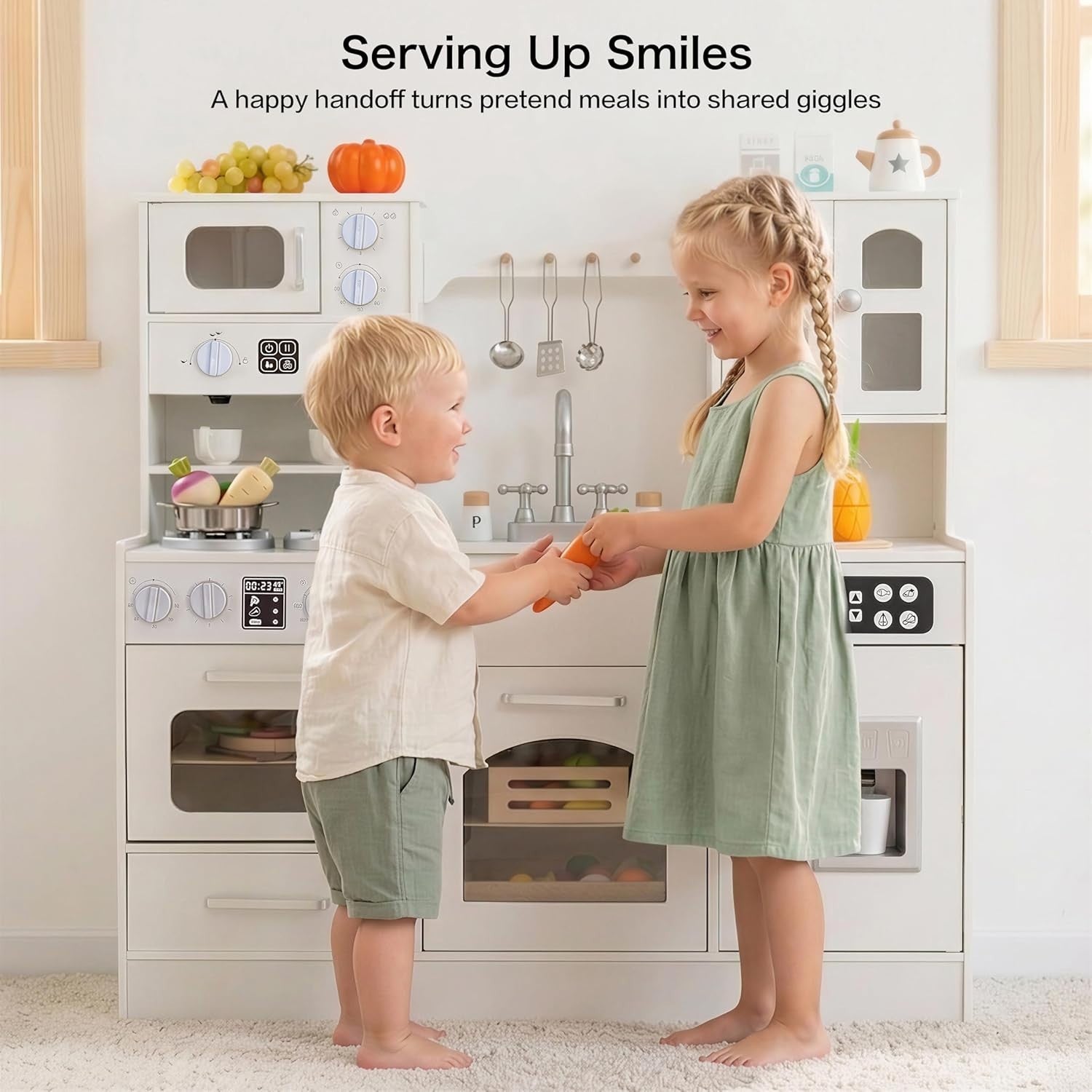 Wooden Kids Play Kitchen w/ Lights Sounds Ice Maker White Toy