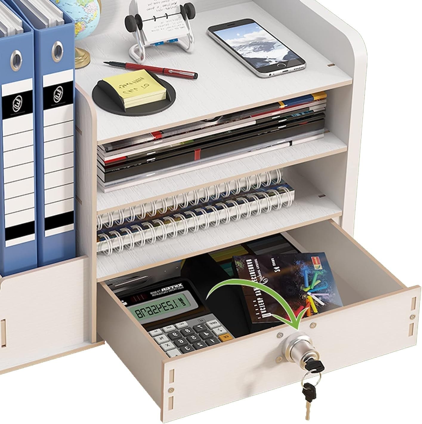 White Desk Organiser with Drawer 9-Compartment Desktop Storage