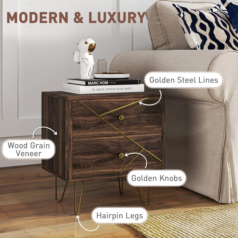 Set of 2 Bedside Tables Brown Wood Grain w/ Drawers & Hairpin Legs