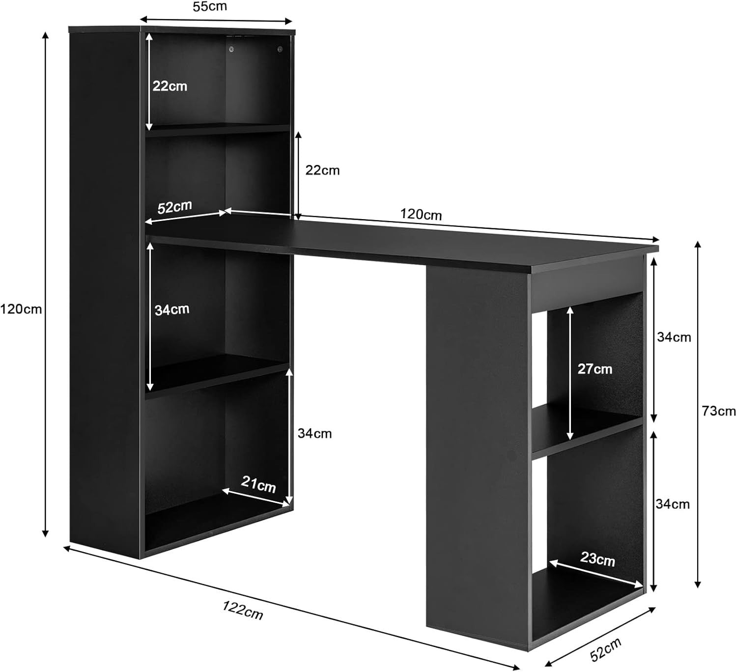 Modern Black Computer Desk with 6-Tier Shelves & Spacious Workstation