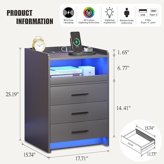 Grey LED Bedside Table with Charging Station, 3-Drawer Modern Nightstand Storage